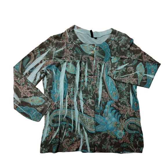 Susan Lawrence Womens Paisley Tunic Top XL Cotton/Rayon Blend Blue/Brown Button - Picture 1 of 5